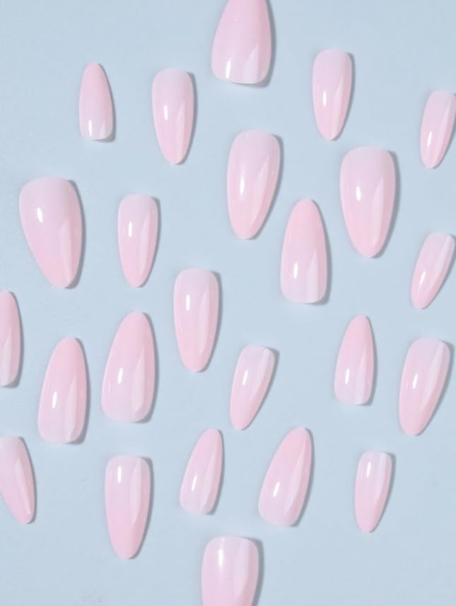 24-Piece Press-On Nails, Glossy Bright Red, False Nail Set, Luxury, Reusable (Light Pink - Almond)