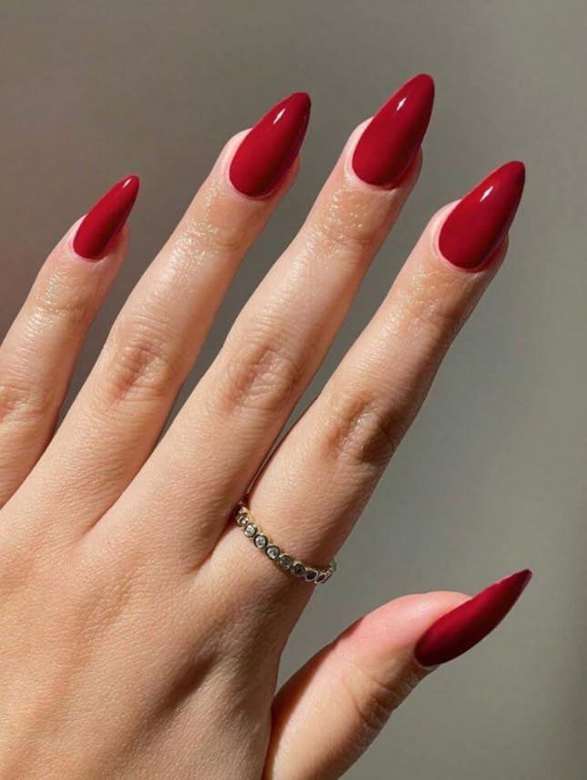 24-Piece Press-On Nails, Glossy Bright Red, False Nail Set, Luxury, Reusable (Light Pink - Almond)