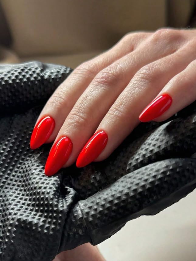 24-Piece Press-On Nails, Glossy Bright Red, False Nail Set, Luxury, Reusable (Light Pink - Almond)