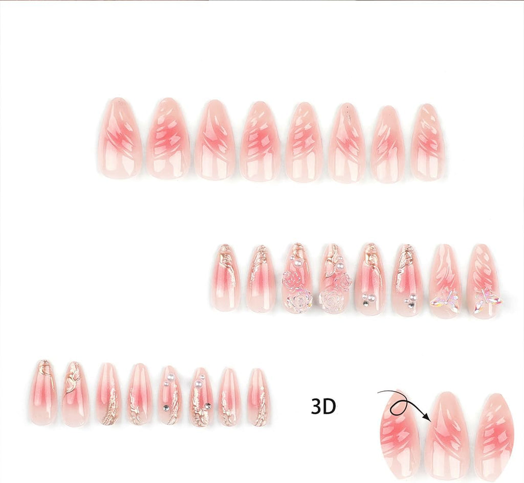 French Pink Press on Nails - 24 PCS 3D Flower Fake Nails Long Coffin False Nails with Rhinestones Designs Stick on Nails for Women Girls Party Salon