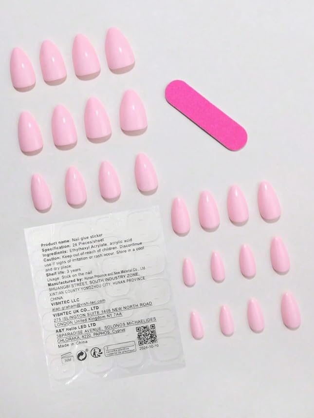 24-Piece Press-On Nails, Glossy Bright Red, False Nail Set, Luxury, Reusable (Light Pink - Almond)