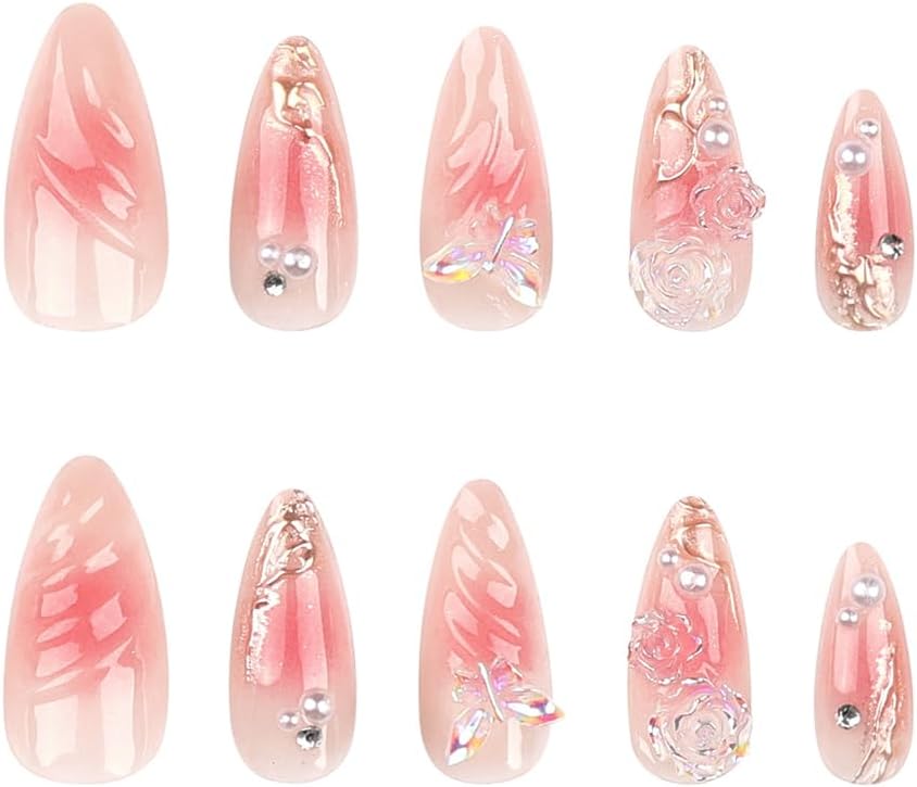 French Pink Press on Nails - 24 PCS 3D Flower Fake Nails Long Coffin False Nails with Rhinestones Designs Stick on Nails for Women Girls Party Salon