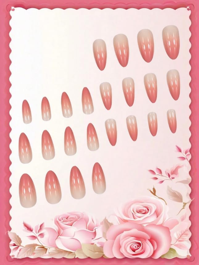24-Piece Press-On Nails, Glossy Bright Red, False Nail Set, Luxury, Reusable (Light Pink - Almond)