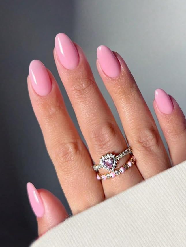 24-Piece Press-On Nails, Glossy Bright Red, False Nail Set, Luxury, Reusable (Light Pink - Almond)