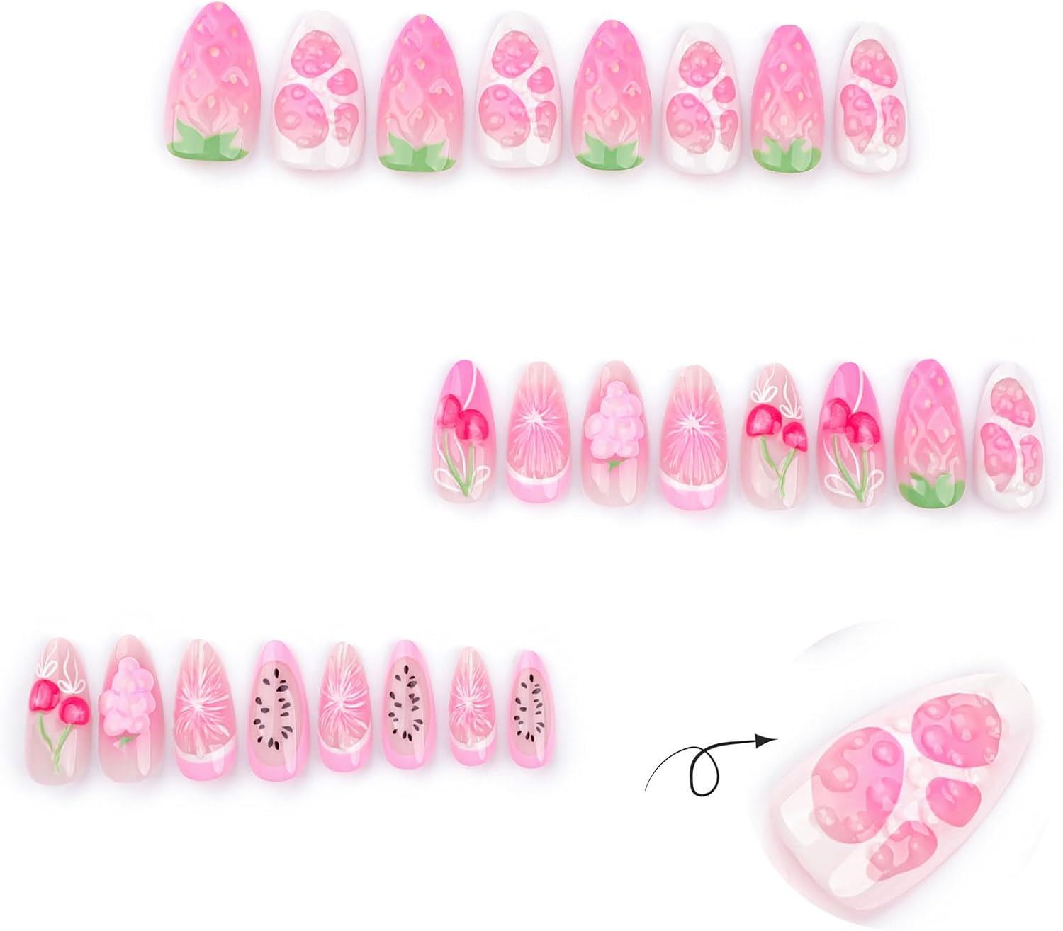 24PCS French Tip Almond Press on Nails,Medium Y2K Metal False Nails,Cool Figure Coffin Fake Nails,Glossy and Full Cover Acrylic Nails for Women