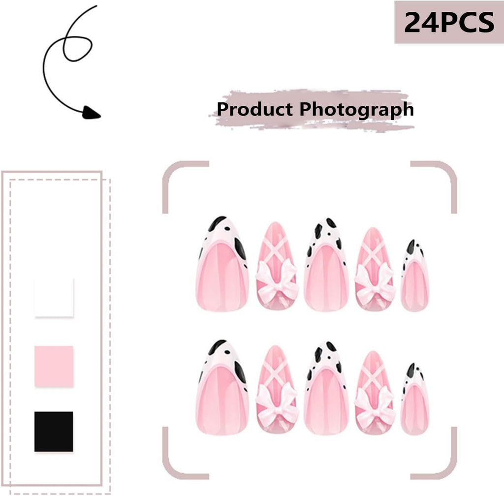 24PCS French Tip Almond Press on Nails,Medium Y2K Metal False Nails,Cool Figure Coffin Fake Nails,Glossy and Full Cover Acrylic Nails for Women