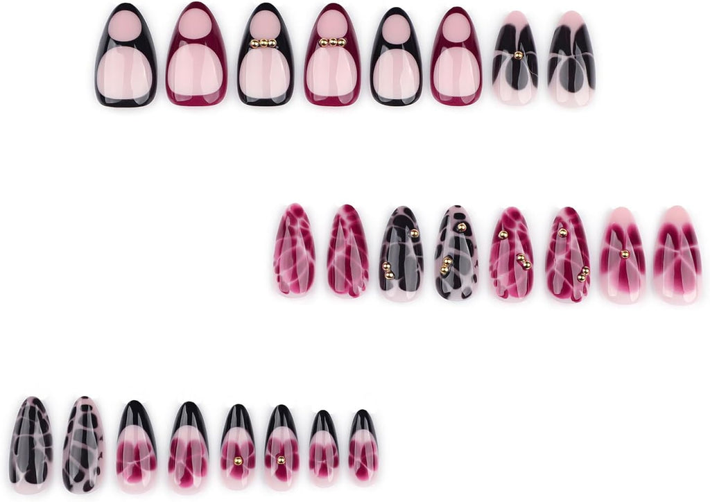 24PCS French Tip Almond Press on Nails,Medium Y2K Metal False Nails,Cool Figure Coffin Fake Nails,Glossy and Full Cover Acrylic Nails for Women