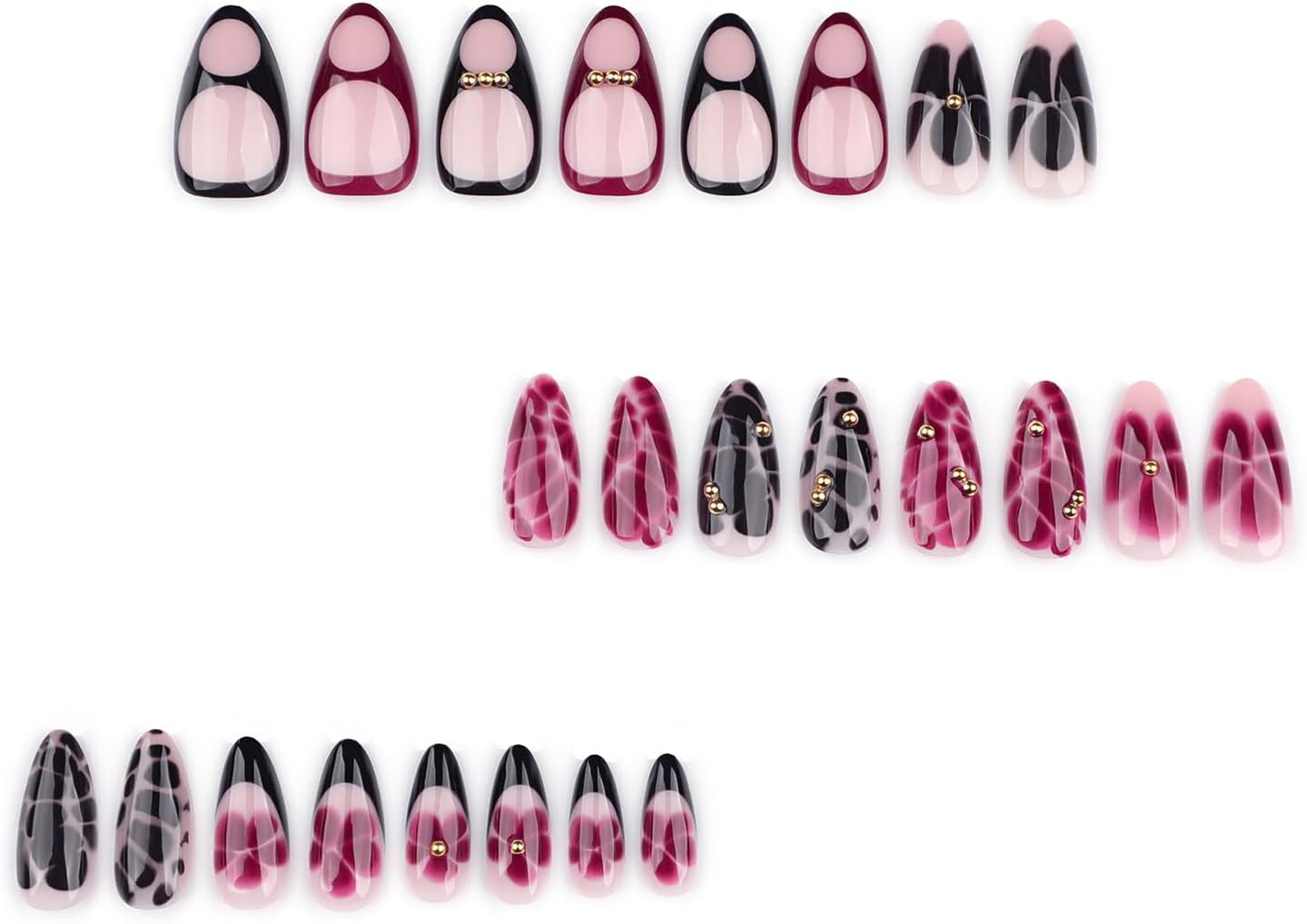 24PCS French Tip Almond Press on Nails,Medium Y2K Metal False Nails,Cool Figure Coffin Fake Nails,Glossy and Full Cover Acrylic Nails for Women