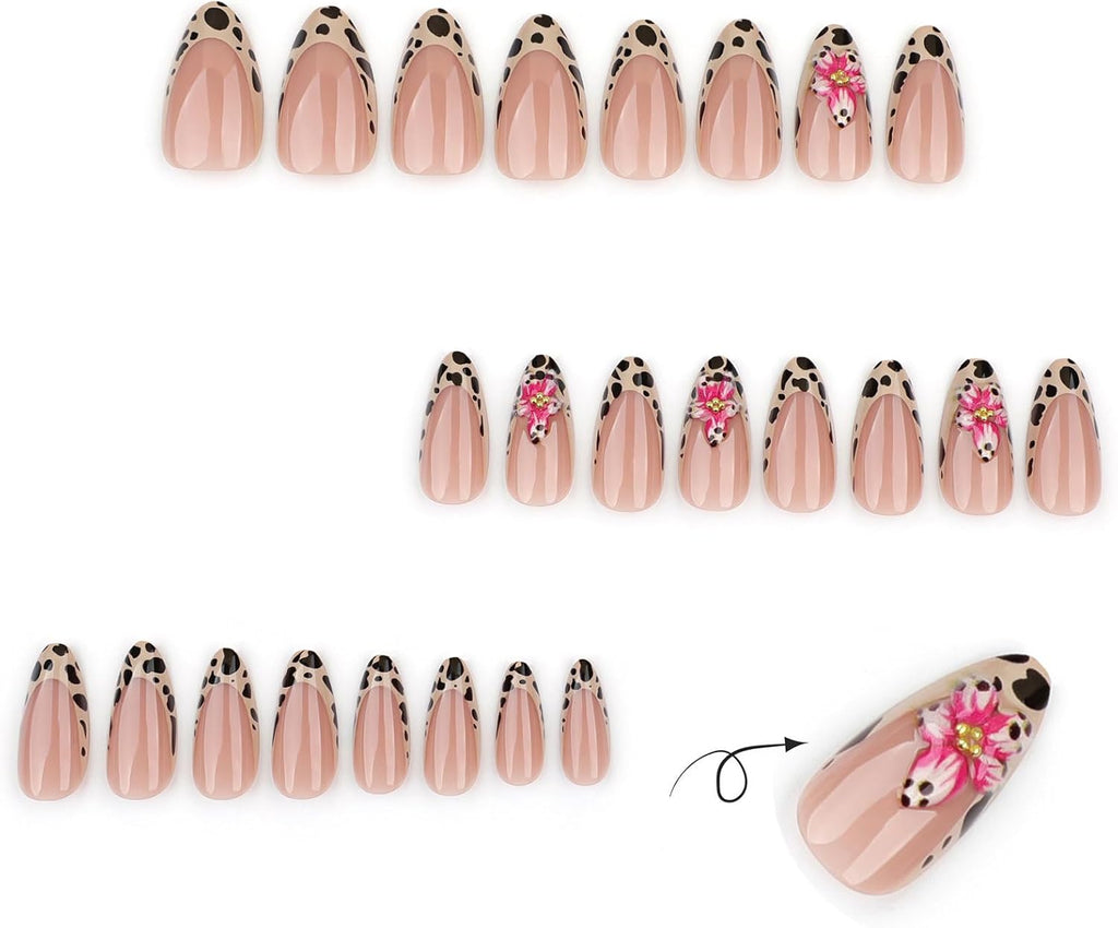 24PCS French Tip Almond Press on Nails,Medium Y2K Metal False Nails,Cool Figure Coffin Fake Nails,Glossy and Full Cover Acrylic Nails for Women