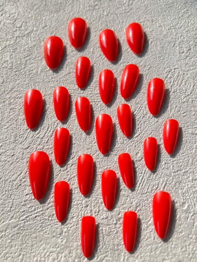 24-Piece Press-On Nails, Glossy Bright Red, False Nail Set, Luxury, Reusable (Light Pink - Almond)