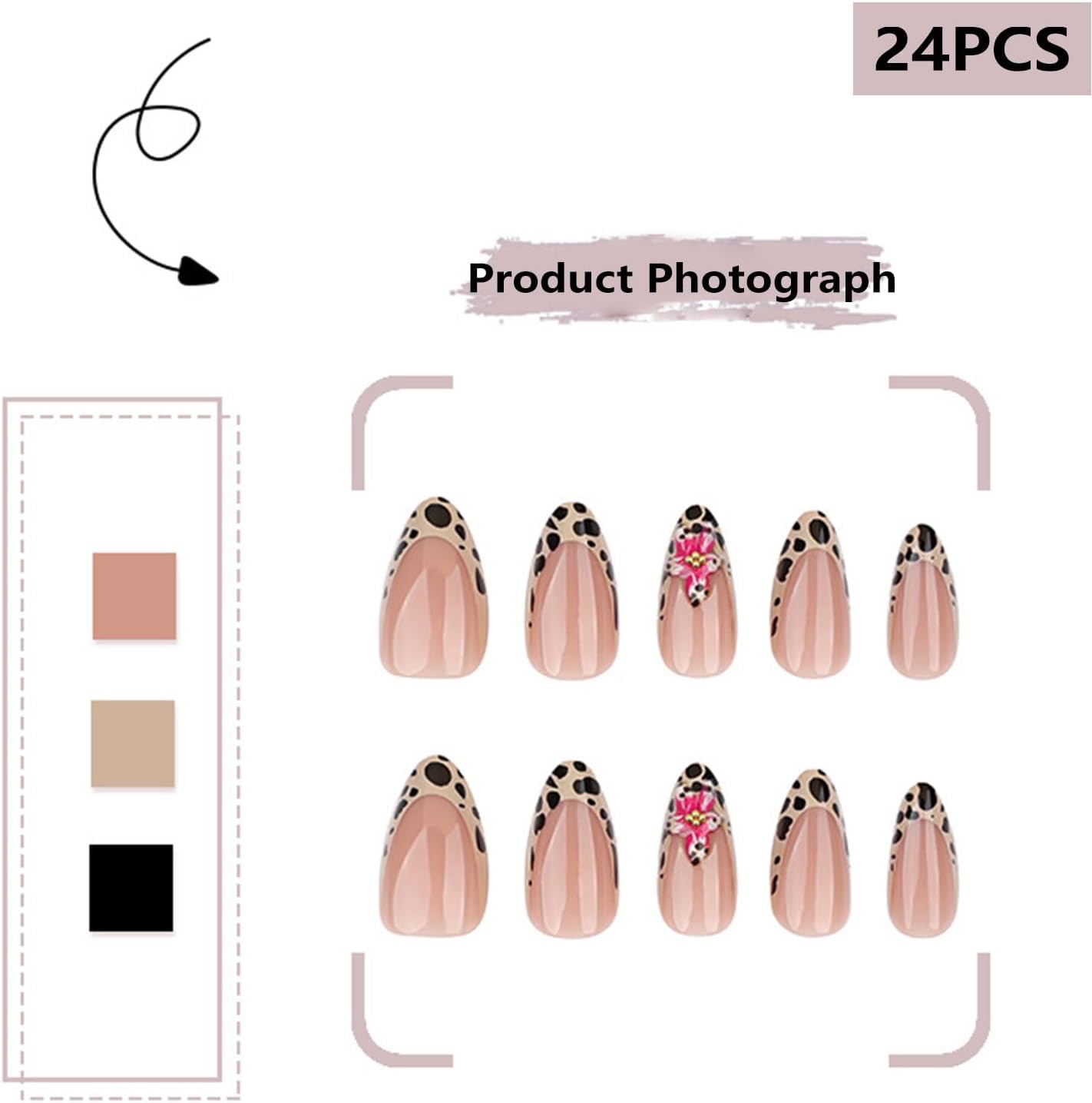 24PCS French Tip Almond Press on Nails,Medium Y2K Metal False Nails,Cool Figure Coffin Fake Nails,Glossy and Full Cover Acrylic Nails for Women