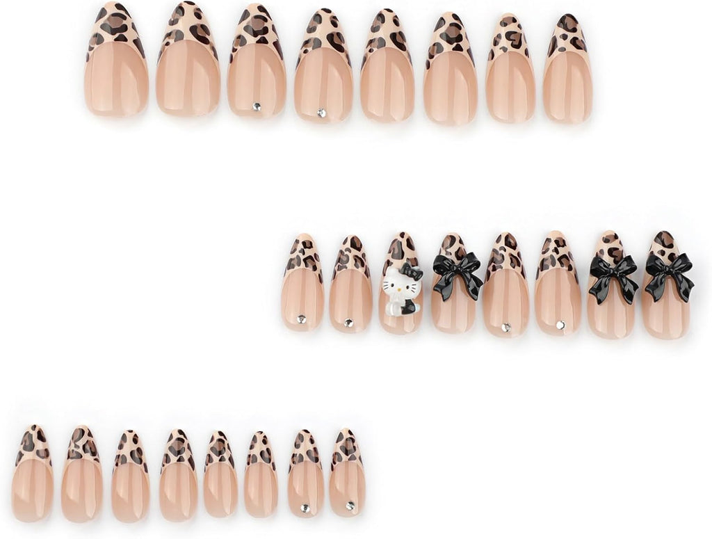 24PCS French Tip Almond Press on Nails,Medium Y2K Metal False Nails,Cool Figure Coffin Fake Nails,Glossy and Full Cover Acrylic Nails for Women