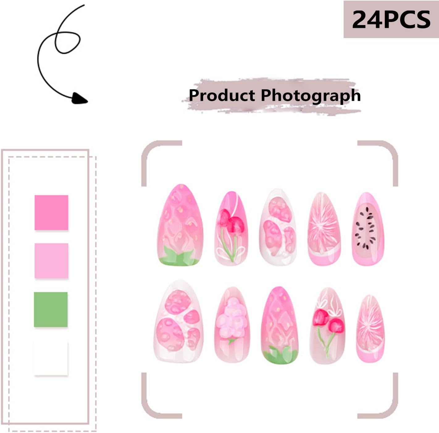 24PCS French Tip Almond Press on Nails,Medium Y2K Metal False Nails,Cool Figure Coffin Fake Nails,Glossy and Full Cover Acrylic Nails for Women