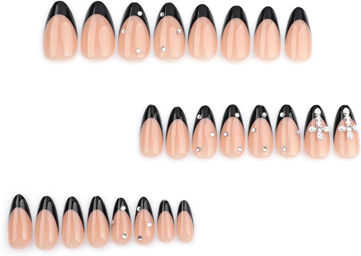 24PCS French Tip Almond Press on Nails,Medium Y2K Metal False Nails,Cool Figure Coffin Fake Nails,Glossy and Full Cover Acrylic Nails for Women