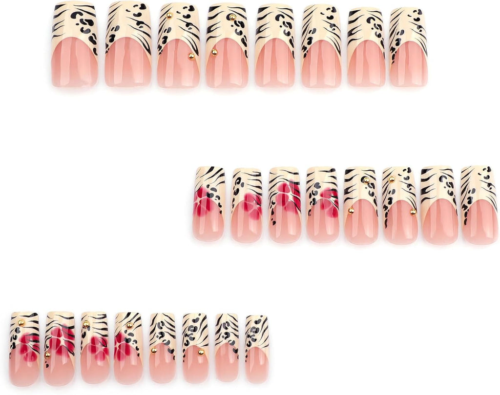 24PCS French Tip Almond Press on Nails,Medium Y2K Metal False Nails,Cool Figure Coffin Fake Nails,Glossy and Full Cover Acrylic Nails for Women