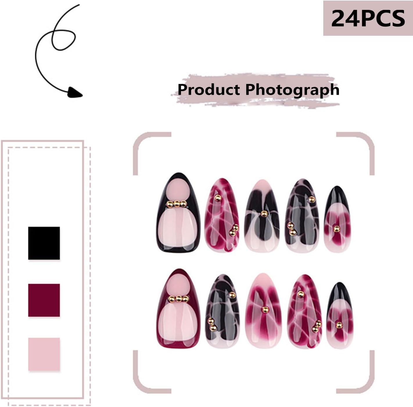 24PCS French Tip Almond Press on Nails,Medium Y2K Metal False Nails,Cool Figure Coffin Fake Nails,Glossy and Full Cover Acrylic Nails for Women