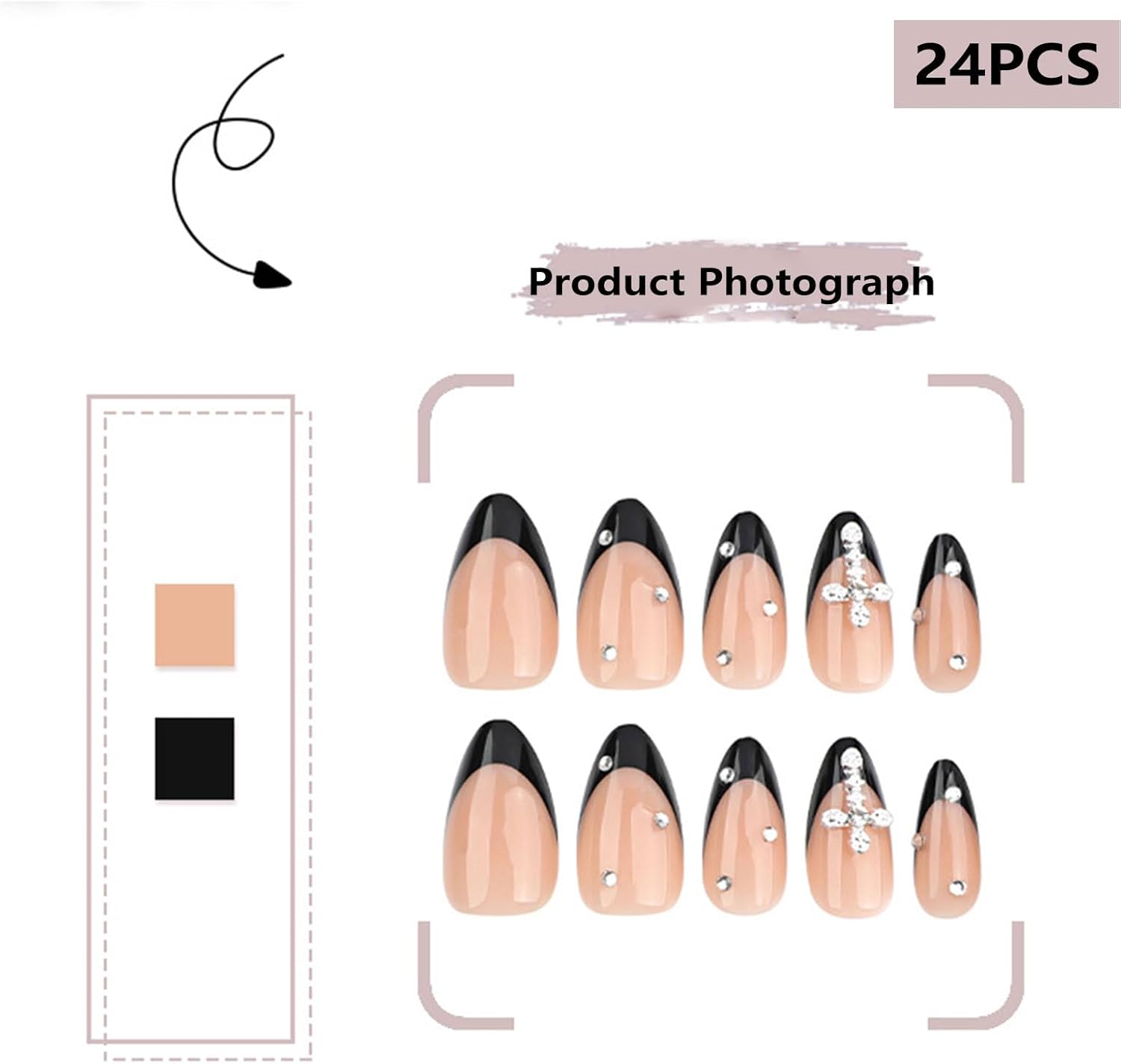 24PCS French Tip Almond Press on Nails,Medium Y2K Metal False Nails,Cool Figure Coffin Fake Nails,Glossy and Full Cover Acrylic Nails for Women