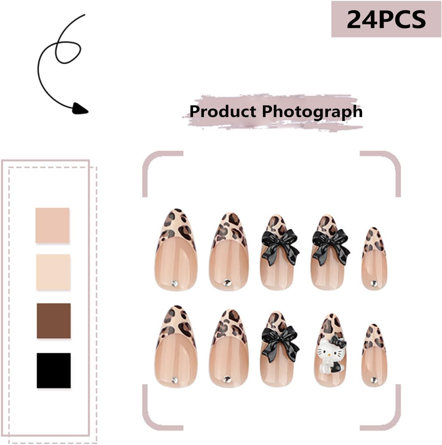 24PCS French Tip Almond Press on Nails,Medium Y2K Metal False Nails,Cool Figure Coffin Fake Nails,Glossy and Full Cover Acrylic Nails for Women