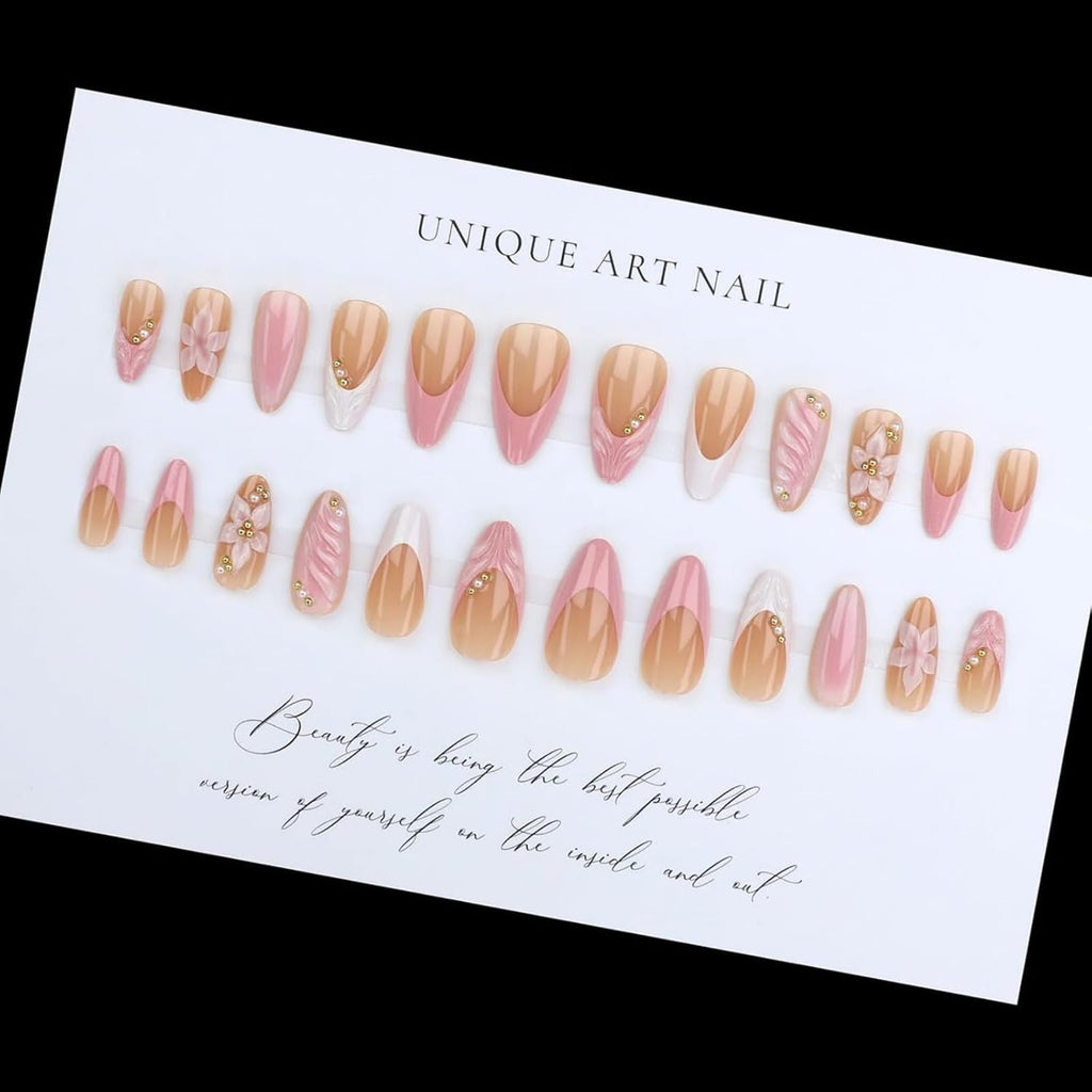 3D Pink Press on Nails Almond French Tip - Medium Length Fake Nails with Embossed Flower & Gold Bead, Glossy Reusable False Nails Kit with Glue Tabs, 24Pcs Acrylic Nail Set for Women Manicure