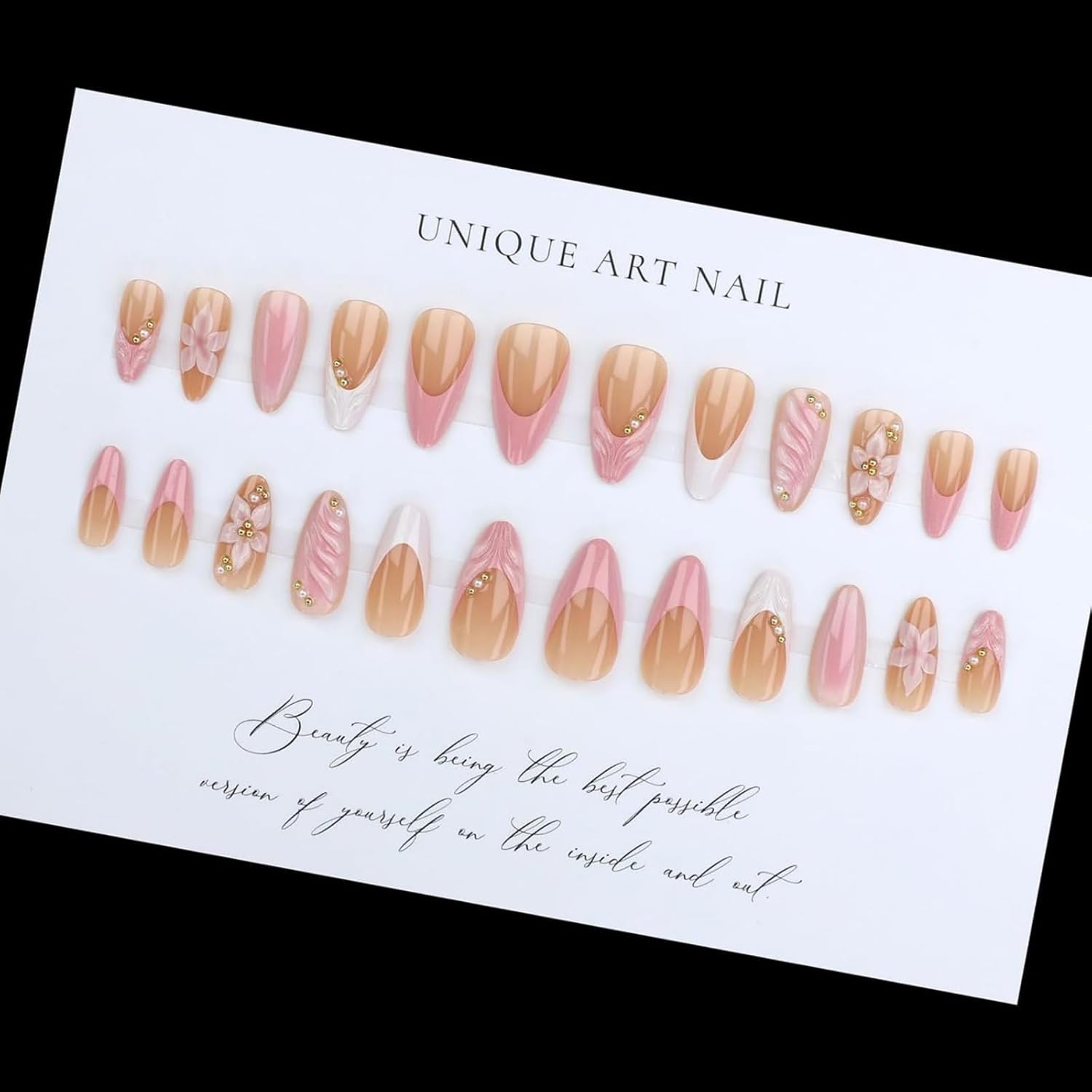 3D Pink Press on Nails Almond French Tip - Medium Length Fake Nails with Embossed Flower & Gold Bead, Glossy Reusable False Nails Kit with Glue Tabs, 24Pcs Acrylic Nail Set for Women Manicure