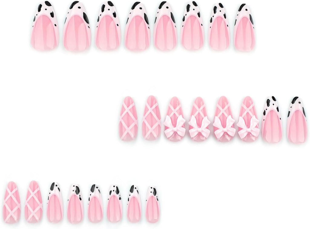 24PCS French Tip Almond Press on Nails,Medium Y2K Metal False Nails,Cool Figure Coffin Fake Nails,Glossy and Full Cover Acrylic Nails for Women