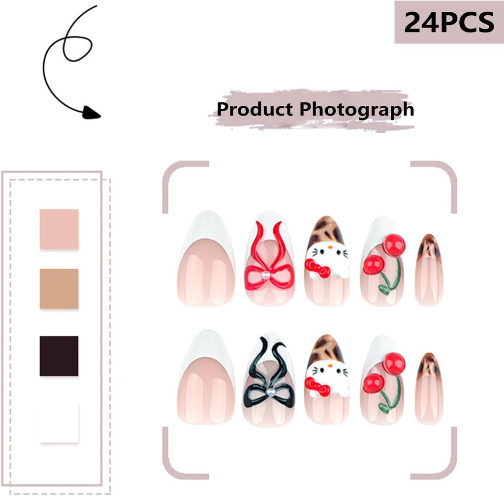24PCS French Tip Almond Press on Nails,Medium Y2K Metal False Nails,Cool Figure Coffin Fake Nails,Glossy and Full Cover Acrylic Nails for Women
