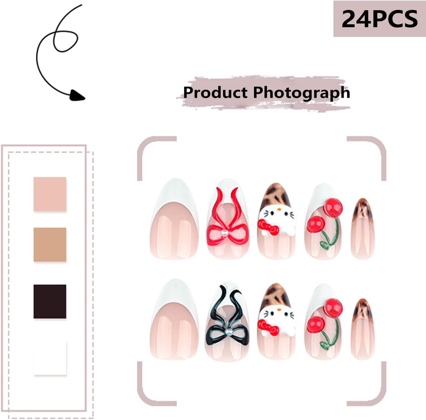 24PCS French Tip Almond Press on Nails,Medium Y2K Metal False Nails,Cool Figure Coffin Fake Nails,Glossy and Full Cover Acrylic Nails for Women