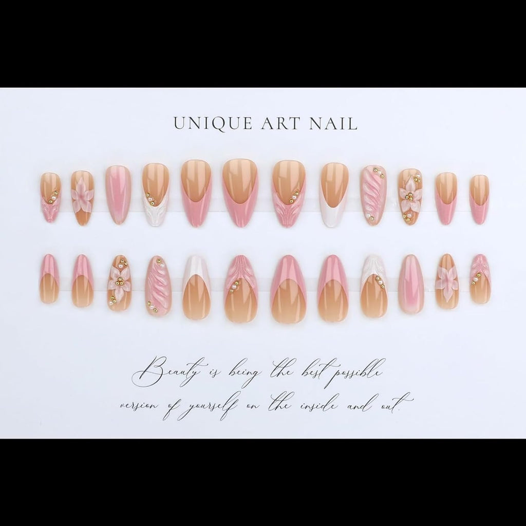 3D Pink Press on Nails Almond French Tip - Medium Length Fake Nails with Embossed Flower & Gold Bead, Glossy Reusable False Nails Kit with Glue Tabs, 24Pcs Acrylic Nail Set for Women Manicure