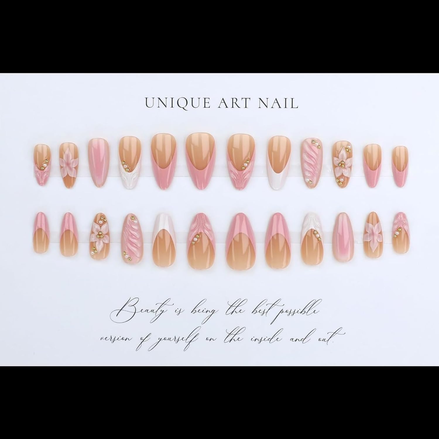 3D Pink Press on Nails Almond French Tip - Medium Length Fake Nails with Embossed Flower & Gold Bead, Glossy Reusable False Nails Kit with Glue Tabs, 24Pcs Acrylic Nail Set for Women Manicure