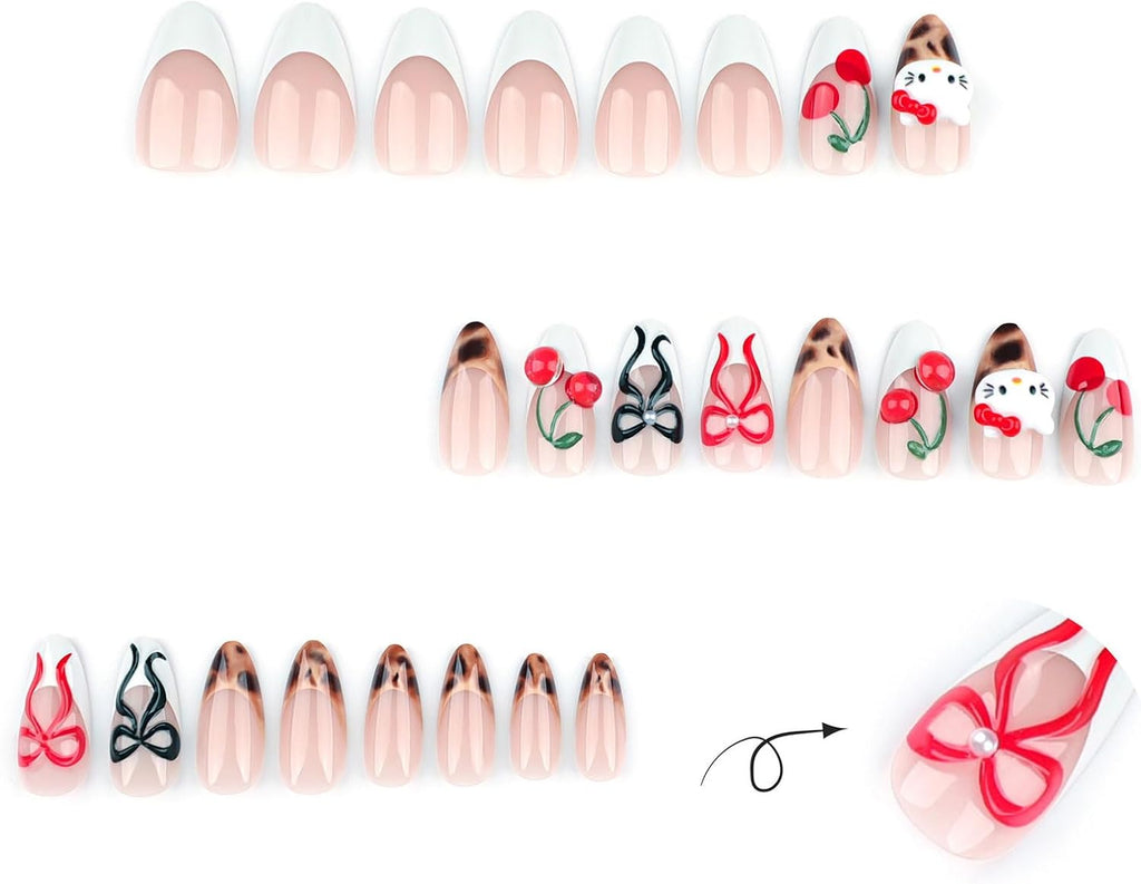 24PCS French Tip Almond Press on Nails,Medium Y2K Metal False Nails,Cool Figure Coffin Fake Nails,Glossy and Full Cover Acrylic Nails for Women