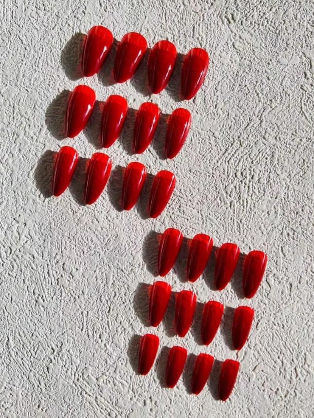 24-Piece Press-On Nails, Glossy Bright Red, False Nail Set, Luxury, Reusable (Light Pink - Almond)