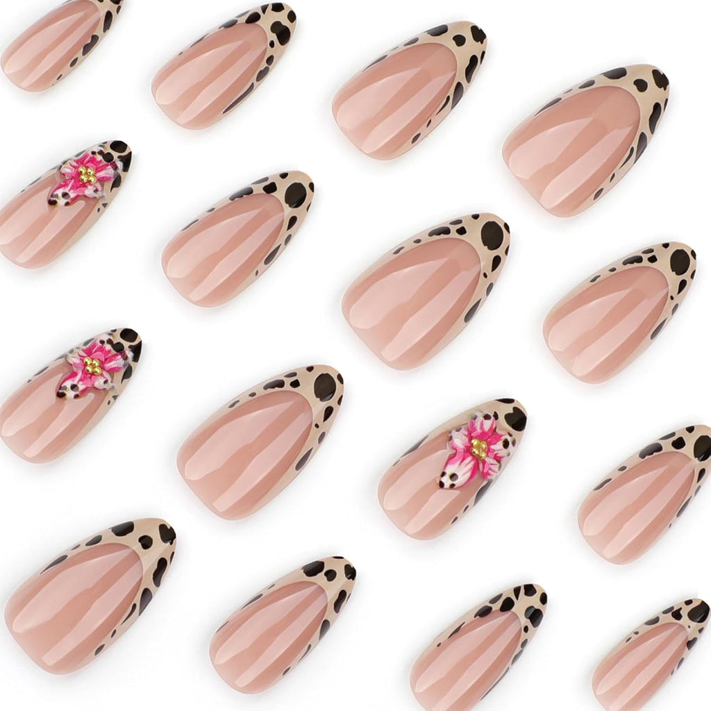 24PCS French Tip Almond Press on Nails,Medium Y2K Metal False Nails,Cool Figure Coffin Fake Nails,Glossy and Full Cover Acrylic Nails for Women