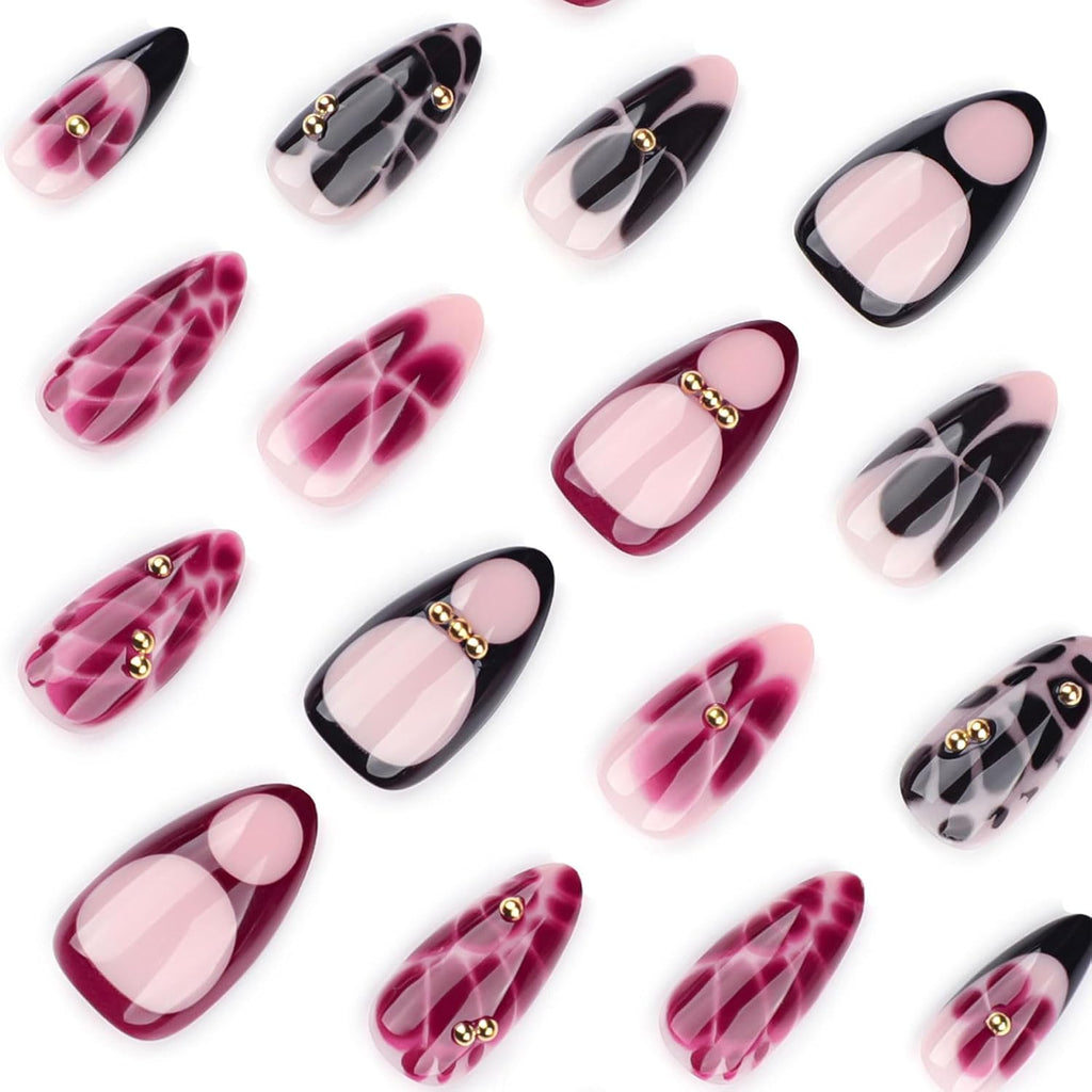 24PCS French Tip Almond Press on Nails,Medium Y2K Metal False Nails,Cool Figure Coffin Fake Nails,Glossy and Full Cover Acrylic Nails for Women