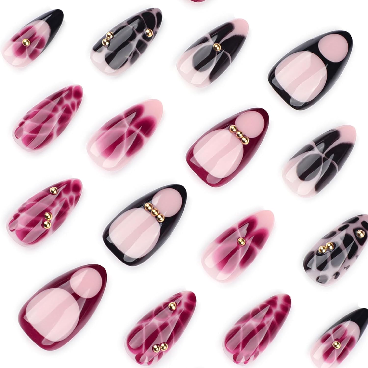 24PCS French Tip Almond Press on Nails,Medium Y2K Metal False Nails,Cool Figure Coffin Fake Nails,Glossy and Full Cover Acrylic Nails for Women