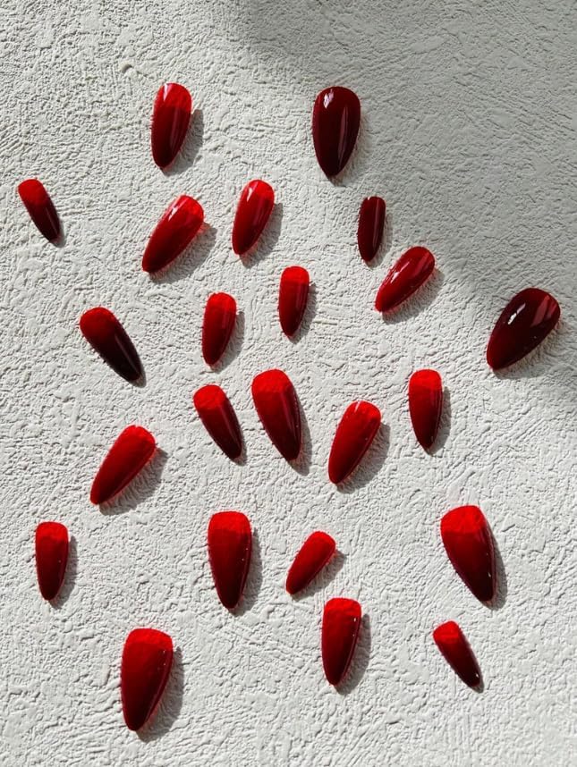 24-Piece Press-On Nails, Glossy Bright Red, False Nail Set, Luxury, Reusable (Light Pink - Almond)