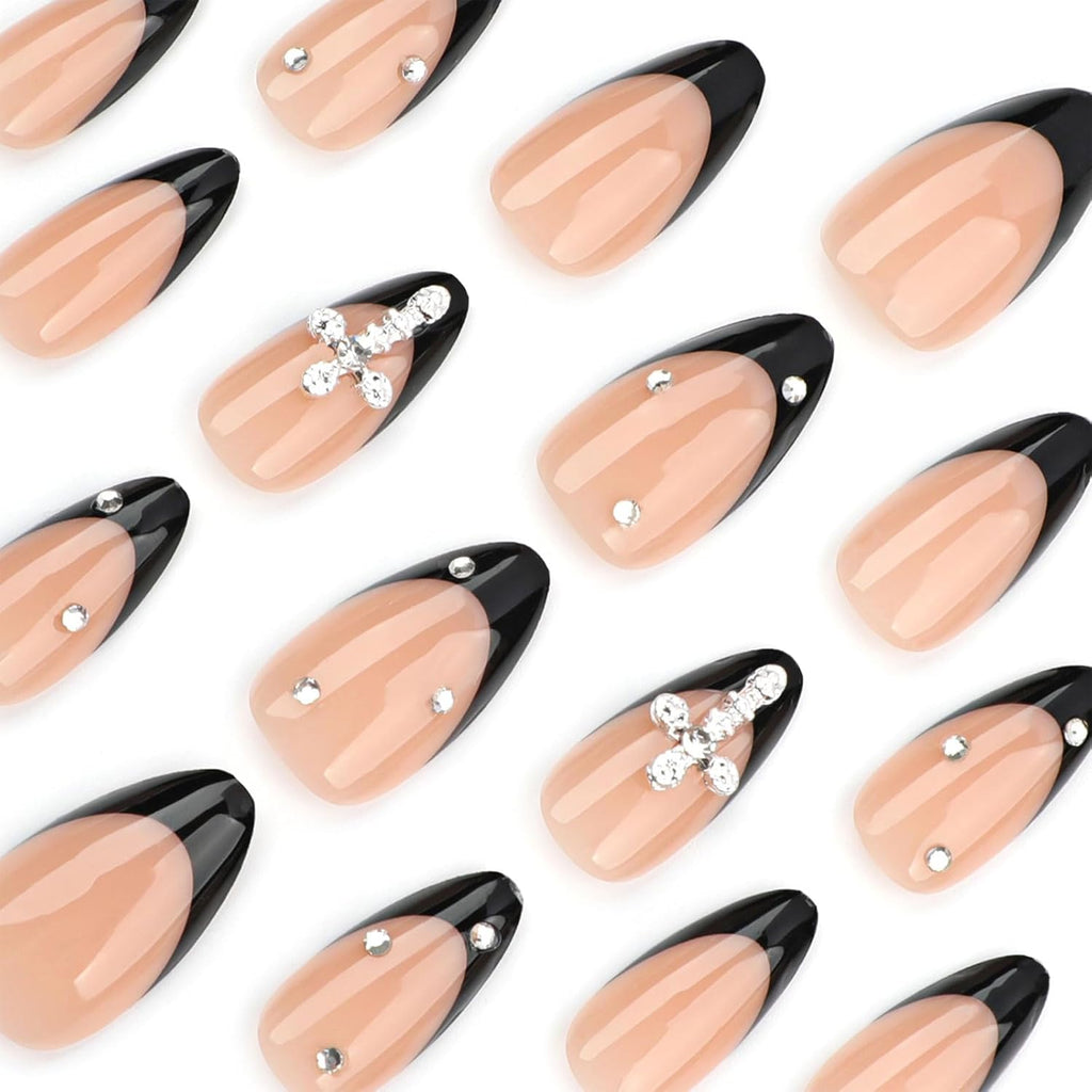 24PCS French Tip Almond Press on Nails,Medium Y2K Metal False Nails,Cool Figure Coffin Fake Nails,Glossy and Full Cover Acrylic Nails for Women