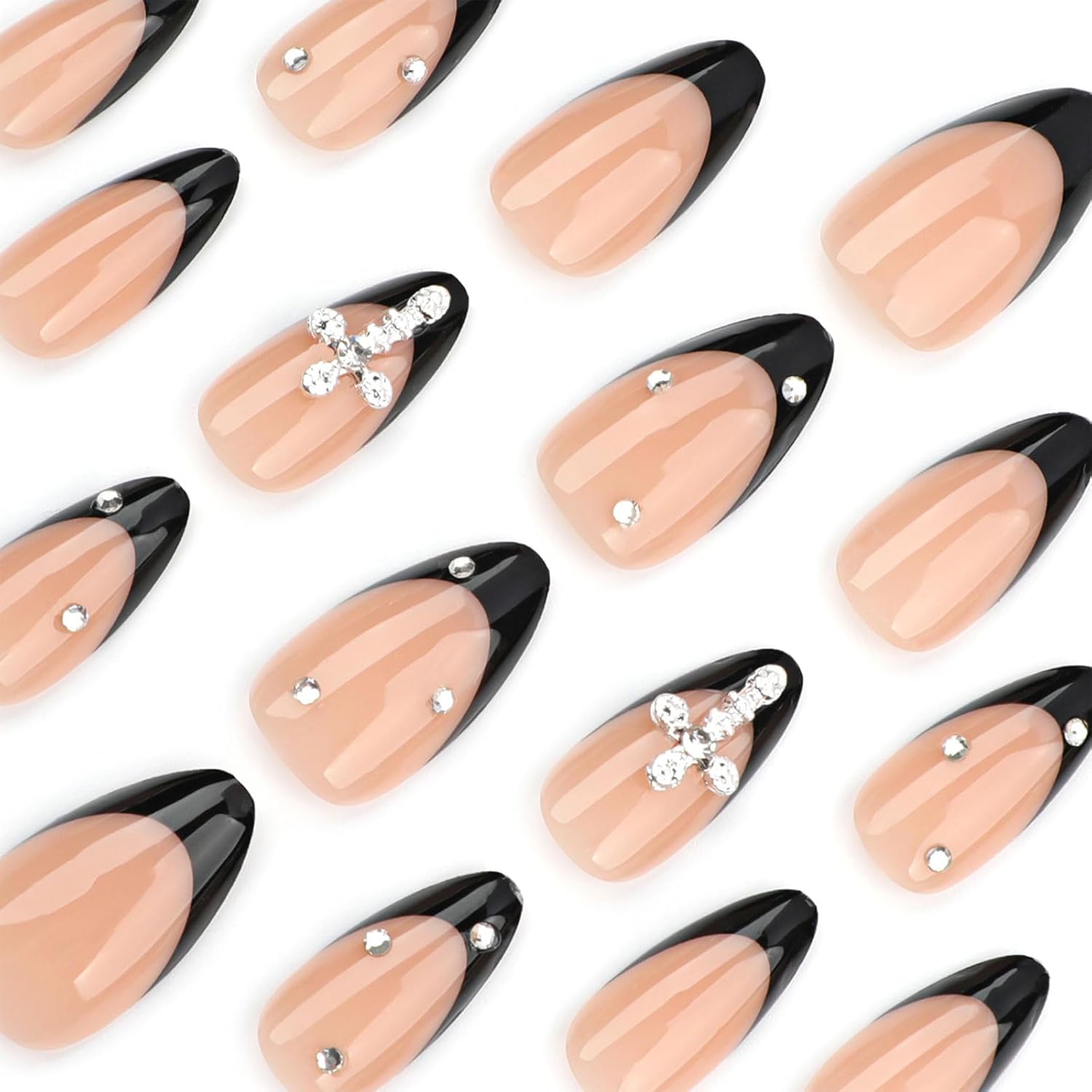 24PCS French Tip Almond Press on Nails,Medium Y2K Metal False Nails,Cool Figure Coffin Fake Nails,Glossy and Full Cover Acrylic Nails for Women