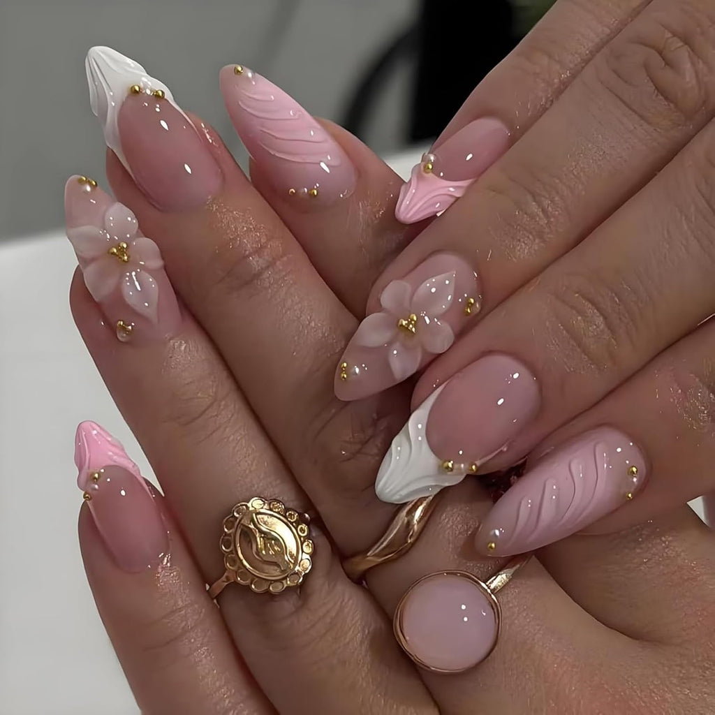 3D Pink Press on Nails Almond French Tip - Medium Length Fake Nails with Embossed Flower & Gold Bead, Glossy Reusable False Nails Kit with Glue Tabs, 24Pcs Acrylic Nail Set for Women Manicure
