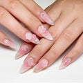 French Pink Press on Nails - 24 PCS 3D Flower Fake Nails Long Coffin False Nails with Rhinestones Designs Stick on Nails for Women Girls Party Salon
